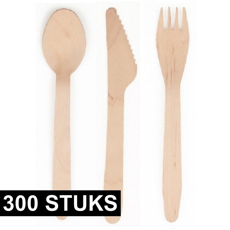 Houten wegwerp bestek set 300 delig -