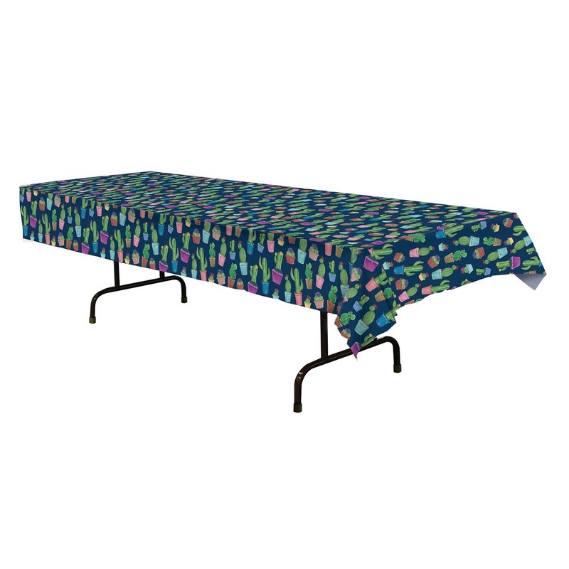 Tafellaken/tafelkleed blauw met cactusprint 137 x 274 cm -