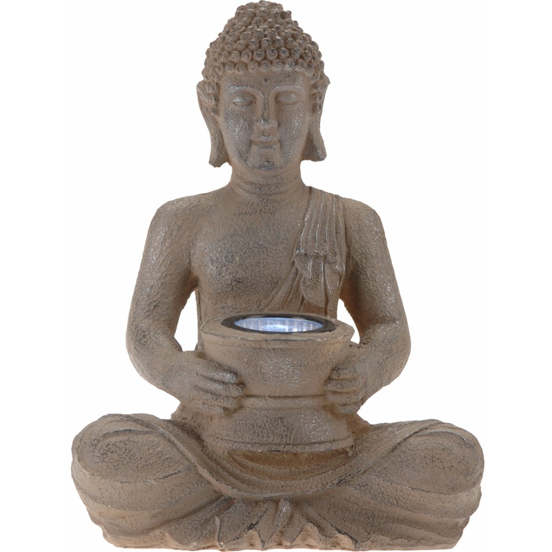 Boeddha beeld - Solar lamp - bruin / grijs - polystone tuindecoratie - 31 cm -