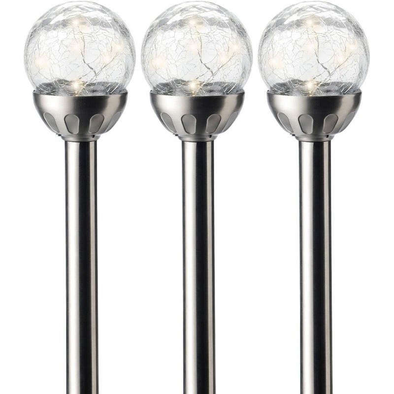 3x Buiten/tuin LED RVS bol stekers Navi solar verlichting 30 cm -