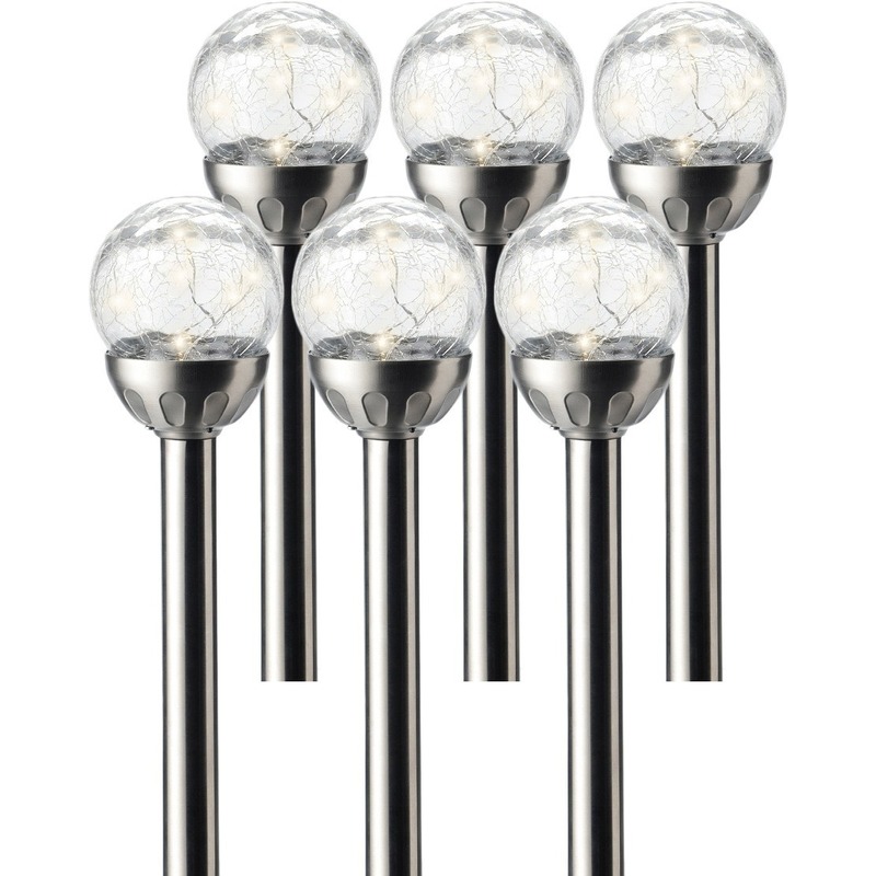 6x Buiten/tuin LED RVS bol stekers Navi solar verlichting 30 cm -