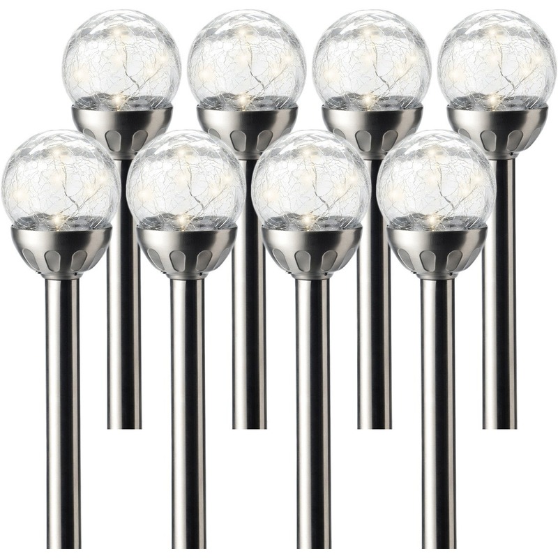 8x Buiten/tuin LED RVS bol stekers Navi solar verlichting 30 cm -