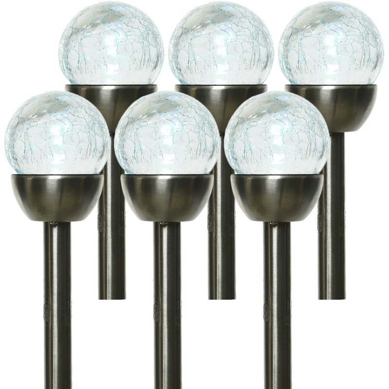 6x Buiten LED RVS bollen stekers Navi solar verlichting 24 cm colour changing -
