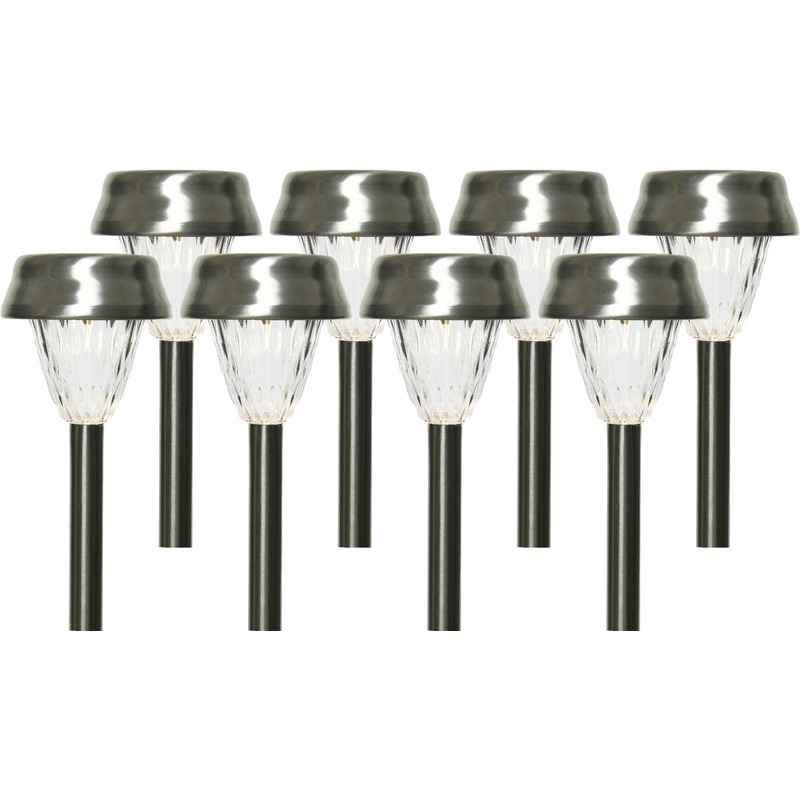 8x Buiten LED RVS lantaarn stekers solar verlichting 24 cm -