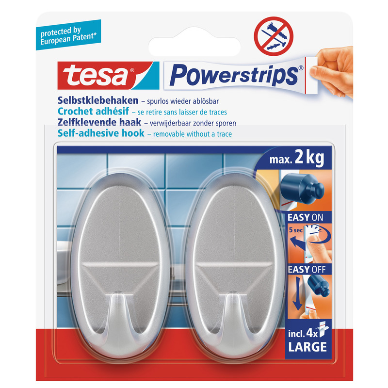 Tesa Powerstrips - 2x stuks - mat chroom - haken ovaal large -