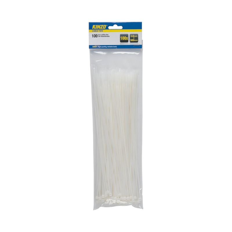 Kinzo Kabelbinders - 100x - wit - 3,6 x 300 mm - tie wraps / rips -
