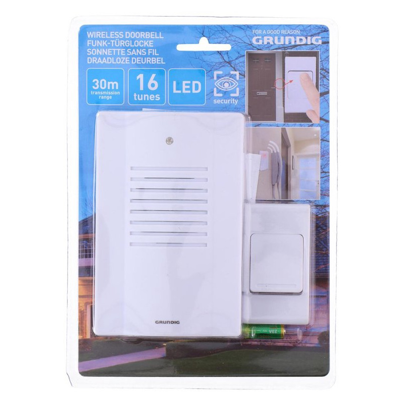 Draadloze deurbel - wit - 14 x 9 x 3 cm - met 16 melodieen - batterijen -