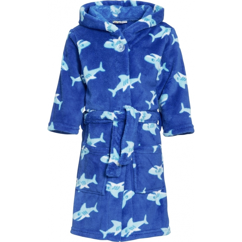 Badjas/ochtendjas met haaien print - blauw - voor jongens - polyester badstof - met capuchon 98/104 (4-5 jr) -