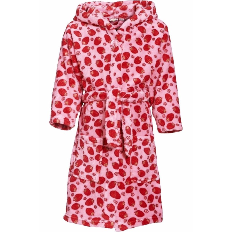 Badjas/ochtendjas met aardbeien print - roze/wit - voor meisjes - polyester badstof - met capuchon 146/152 (11-12 jr) -