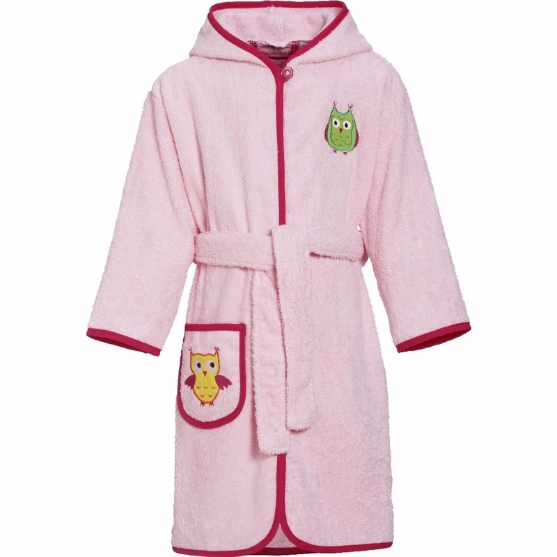 Fuchsia roze badjas/ochtendjas met hartje met Uiltjes 122/128 (7-8 jr) -