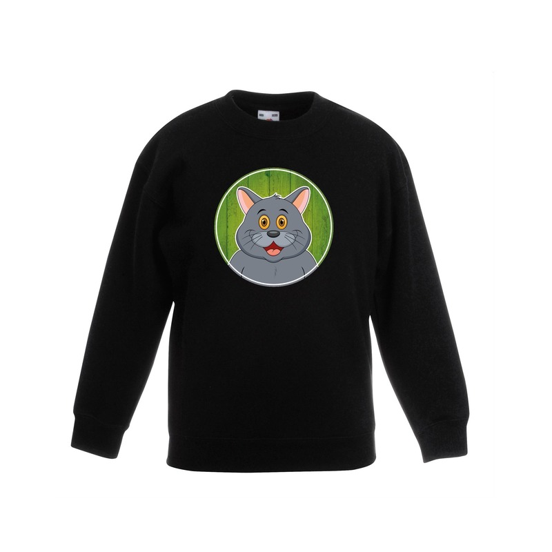 Sweater zwart met grijze kat kinderen 9-11 jaar (134/146) -