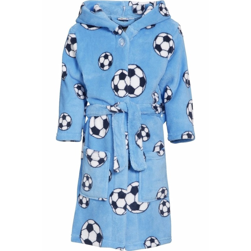 Kinder badjas/ochtendjas met voetbal print - blauw - polyester 134/140 (9-10 jr) -