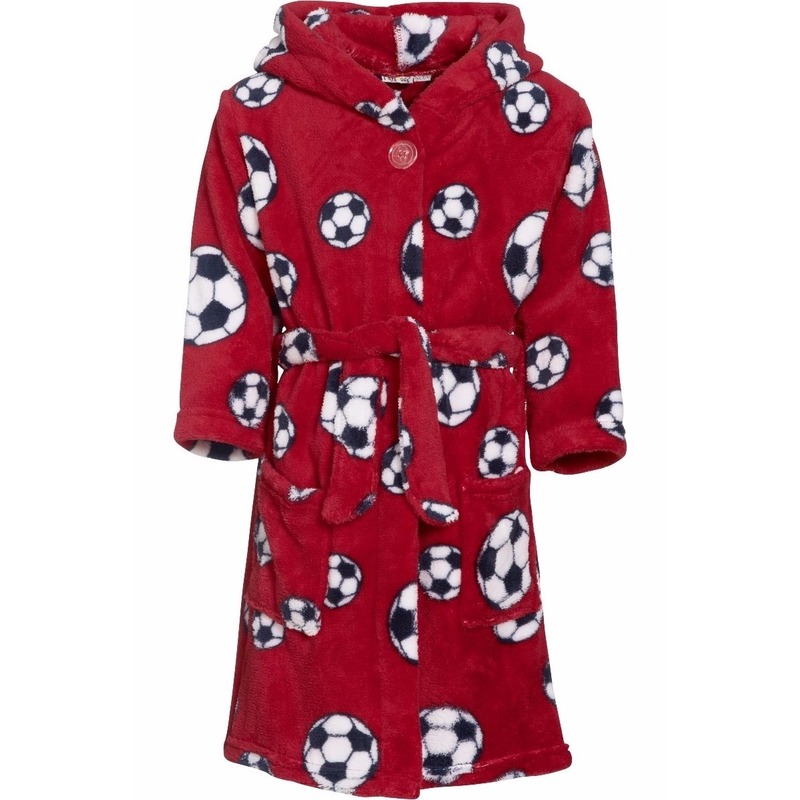 Kinder badjas/ochtendjas met voetbal print - rood - polyester 134/140 (9-10 jr) -