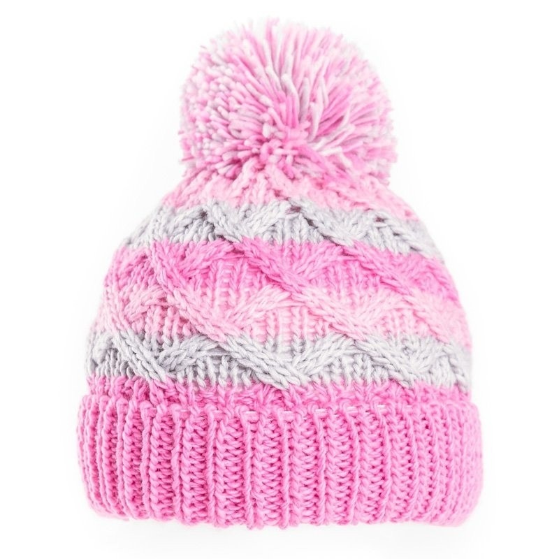 Gebreide winter muts roze/grijs met pompon voor baby -