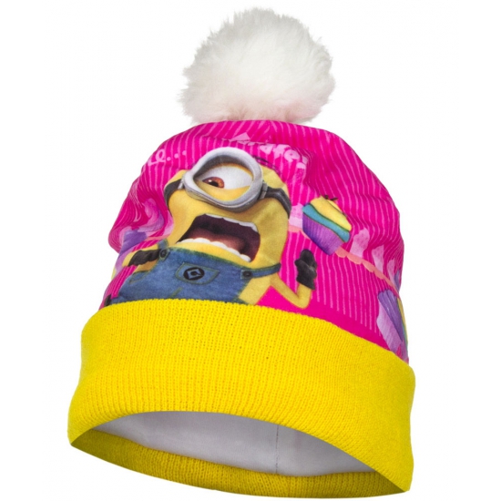 Geel/roze Minion muts met fleece 54 cm -