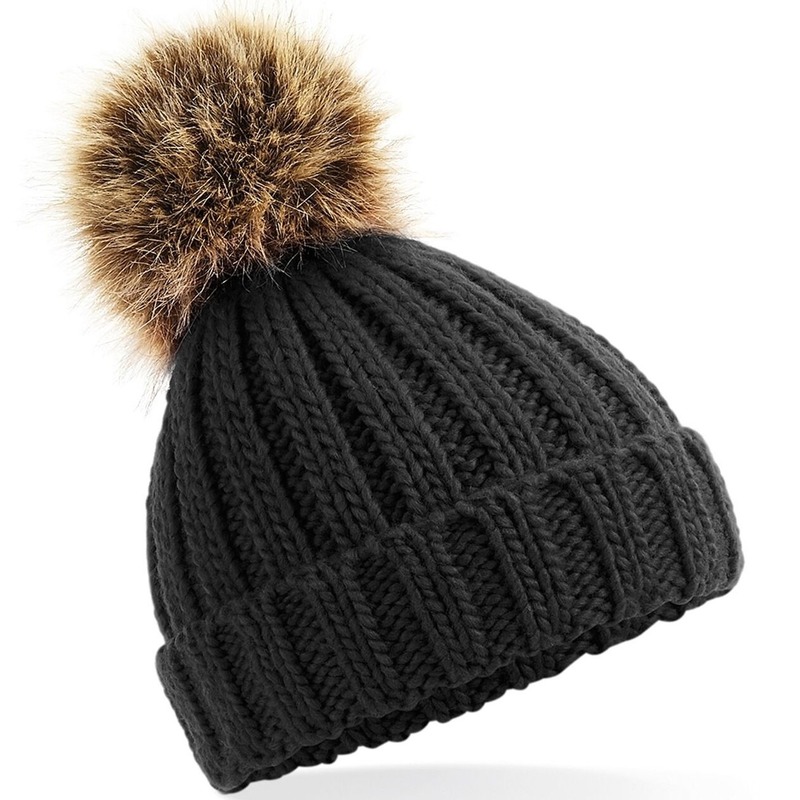 Beechfield gebreide wintermuts - zwart - grof/chunky met pompon - voor meisjes/kinderen -