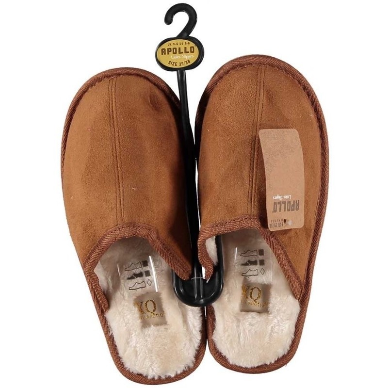 Cognac bruine instap sloffen/pantoffels met bont voor dames 41-42 -