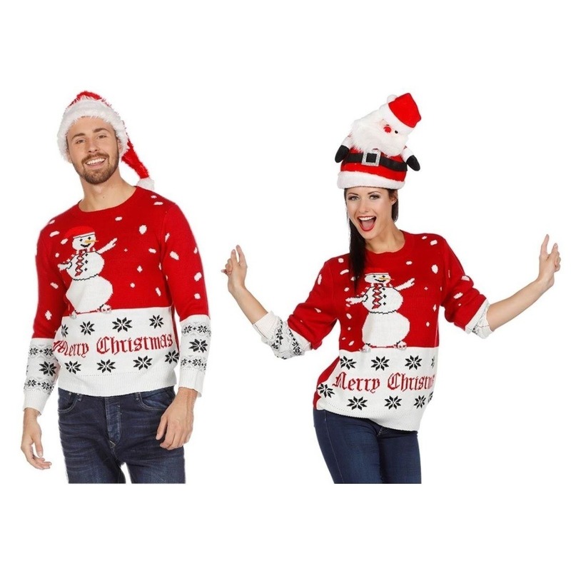 Foute kersttrui - sneeuwpop - rood/wit - acryl - volwassenen - kersttruien 48 (S) -