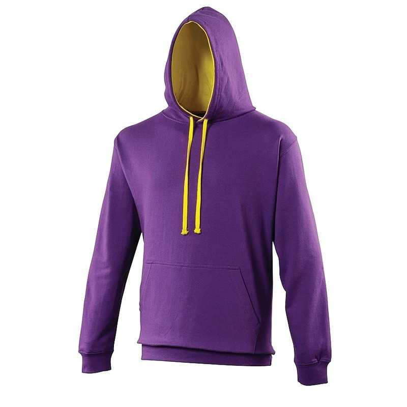Varsity sweater paars met gele capuchon S -