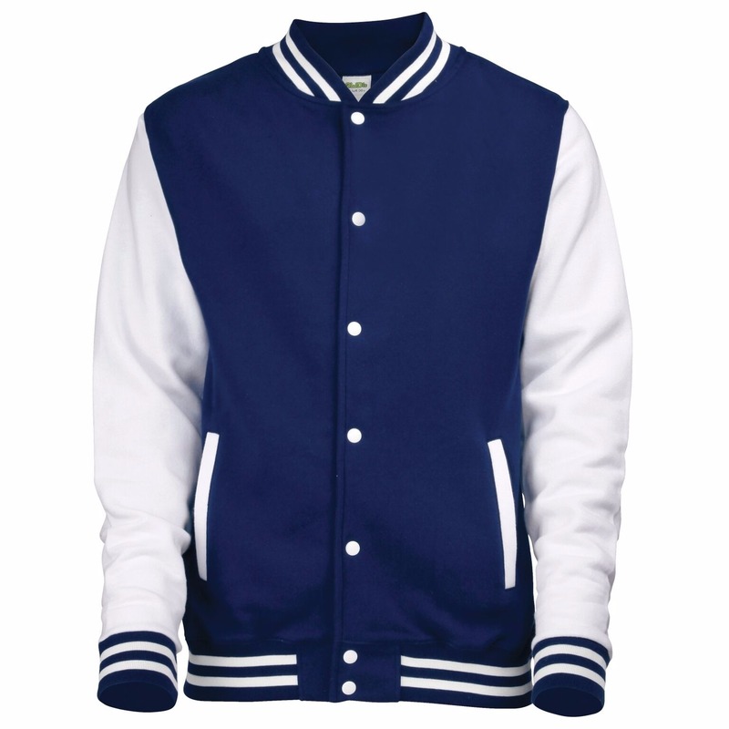 AWDis college jacket voor heren - blauw met wit - drukknopen - katoen/polyester 2XL (46/56) -