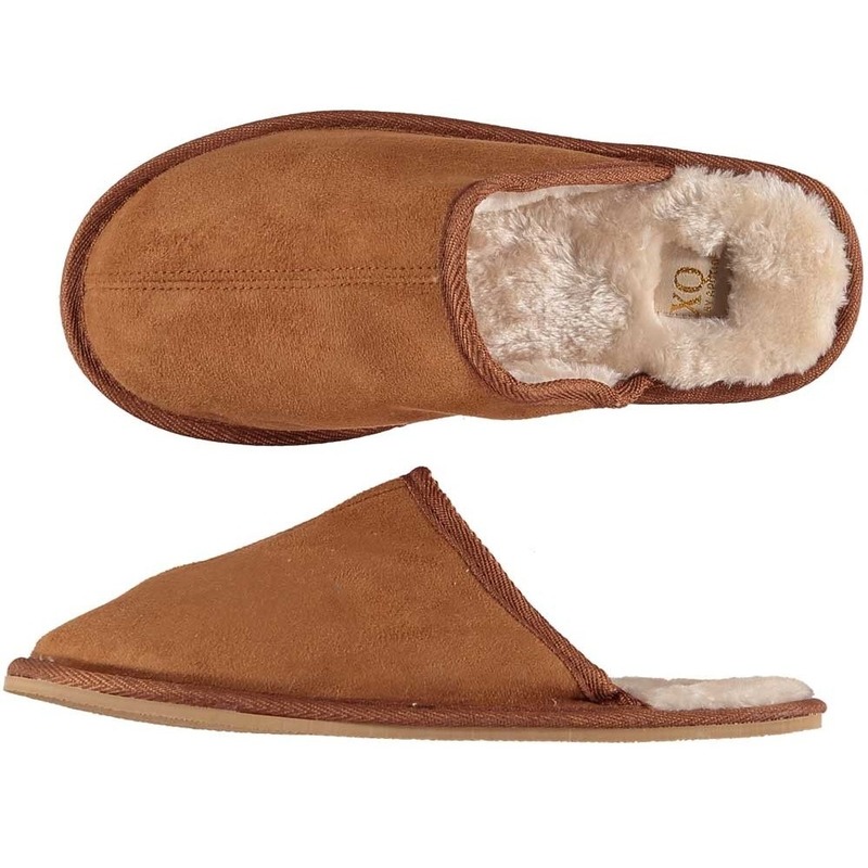 Heren instap sloffen/pantoffels - laag - cognac bruin - maat 43-44 43/44 -