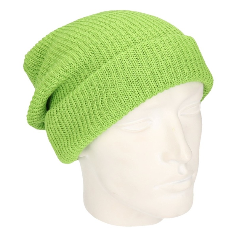 Basic beanie muts lang limegroen voor heren -