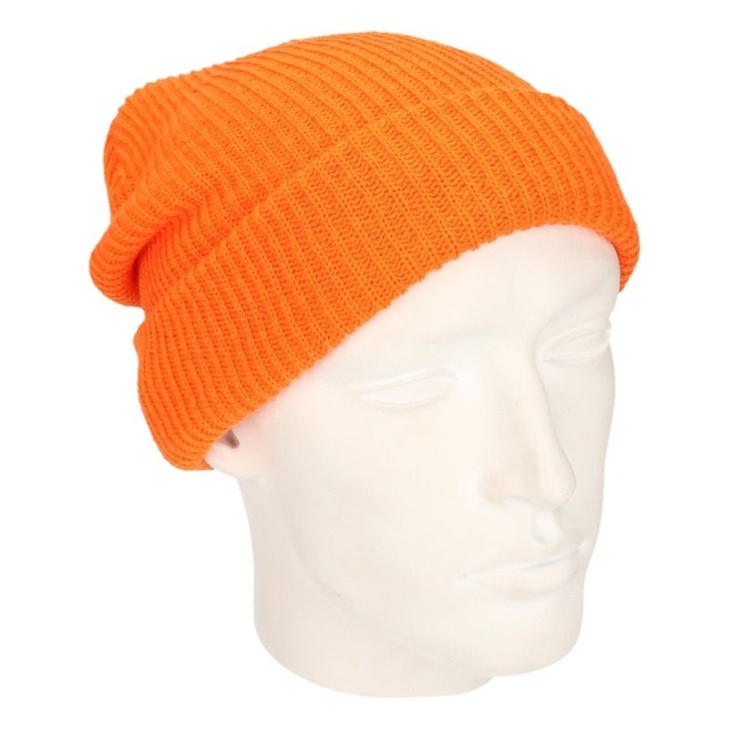 Basic beanie muts lang oranje voor heren -