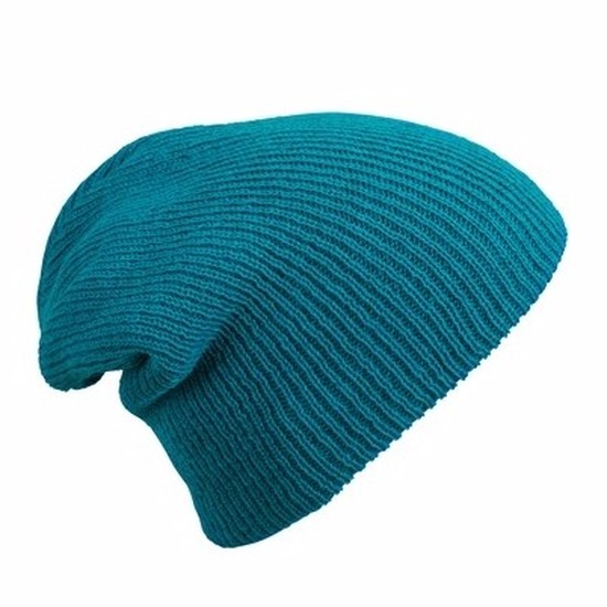 Basic beanie muts lang petrol voor dames -