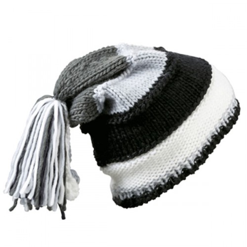 Gestreepte beanie muts zwart met franje -