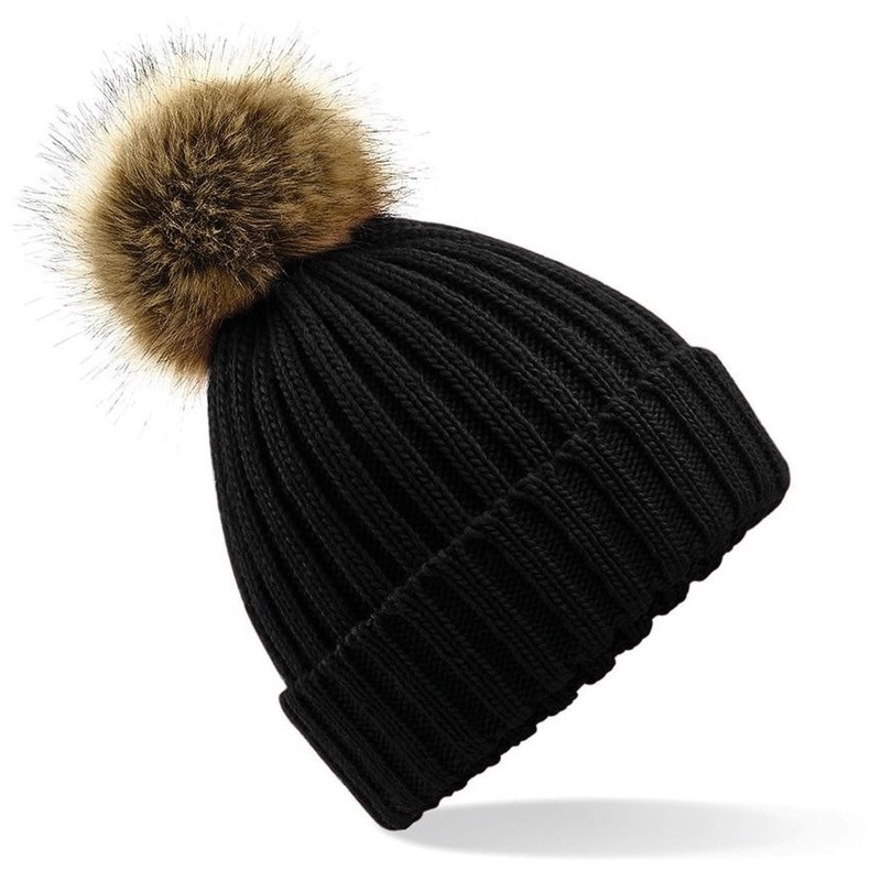 Gebreide winter muts zwart met nep bont pompon voor dames/heren -
