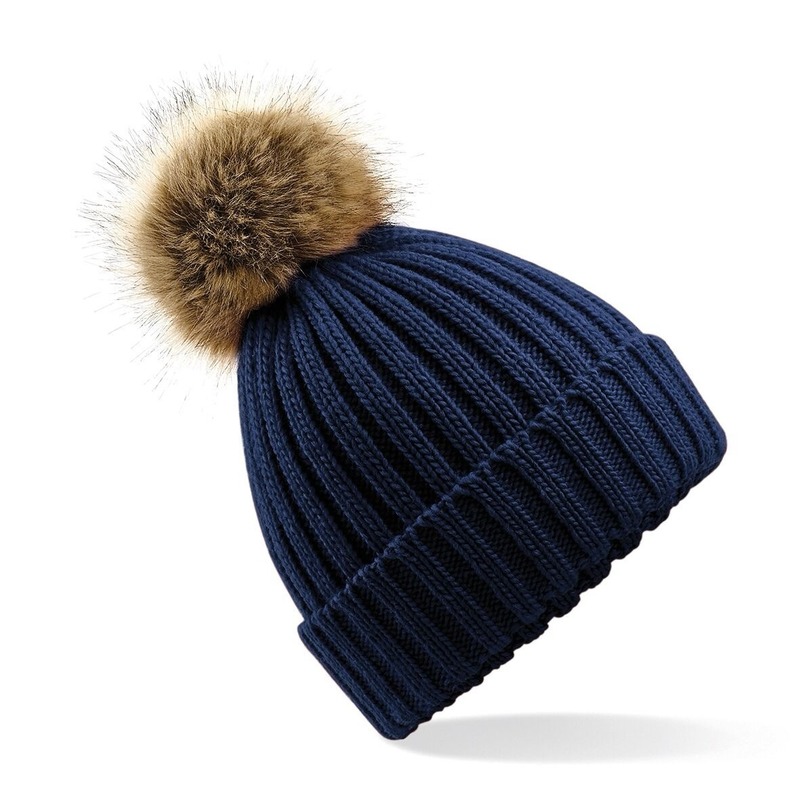 Gebreide winter muts navyblauw met nep bont pompon voor dames/he -
