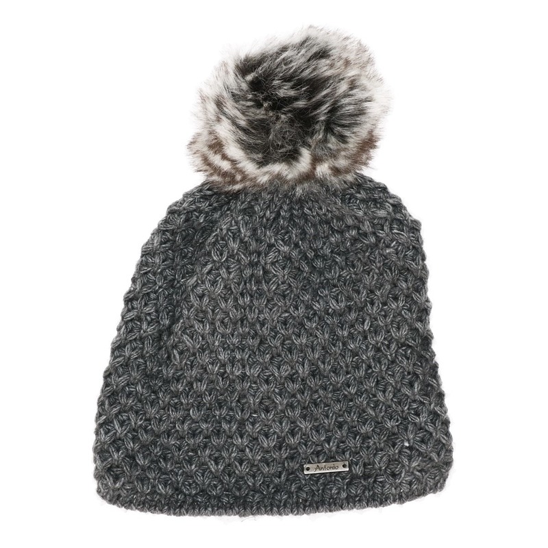 Gebreide beanie muts grijs met nep bont pompon voor dames -