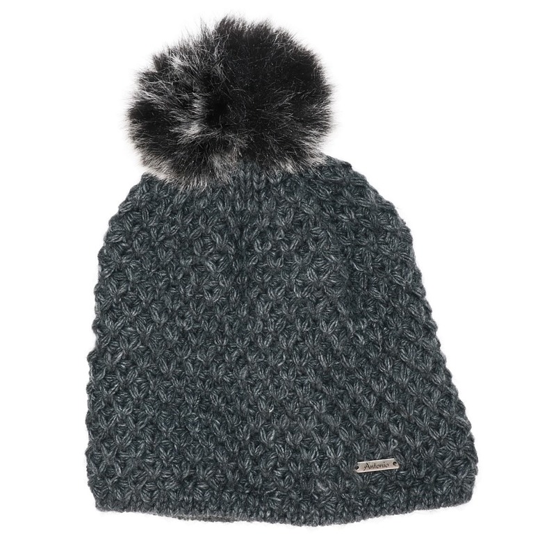 Gebreide beanie muts donker grijs met nep bont pompon voor dames -