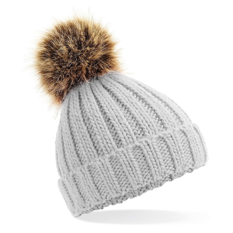 Grof gebreide wintermuts grijs met bruine pompon voor dames -