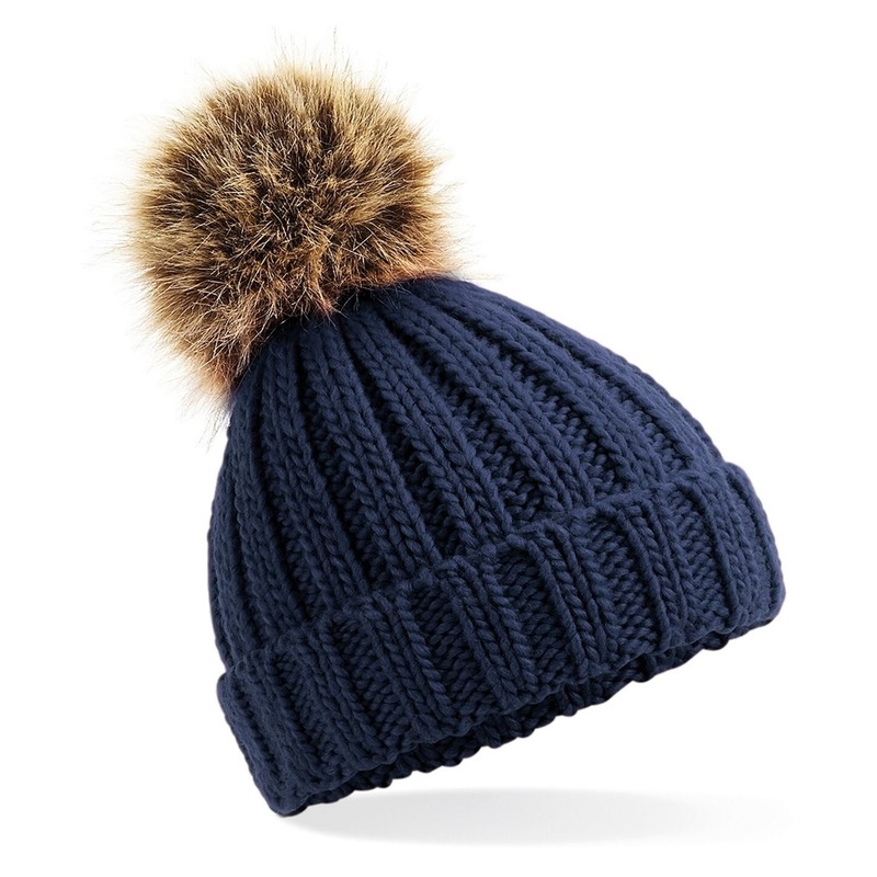 Grof gebreide wintermuts navy met bruine pompon voor dames -