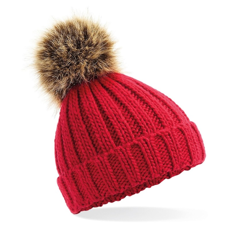 Beechfield Wintermuts - gebreid - rood - met nep bont pompon - volwassenen - muts One size -