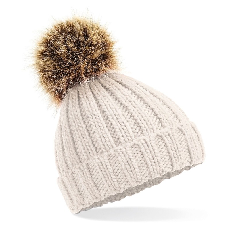 Gebreide winter muts beige met nep bont pompon voor dames/heren -
