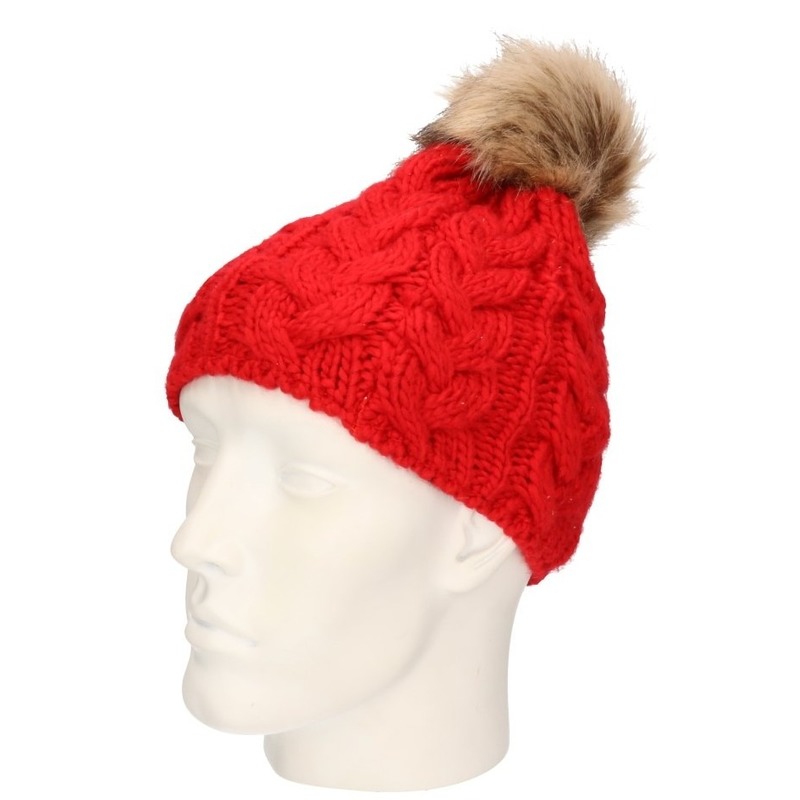 Gebreide kabel wintermuts rood met pompon voor dames -