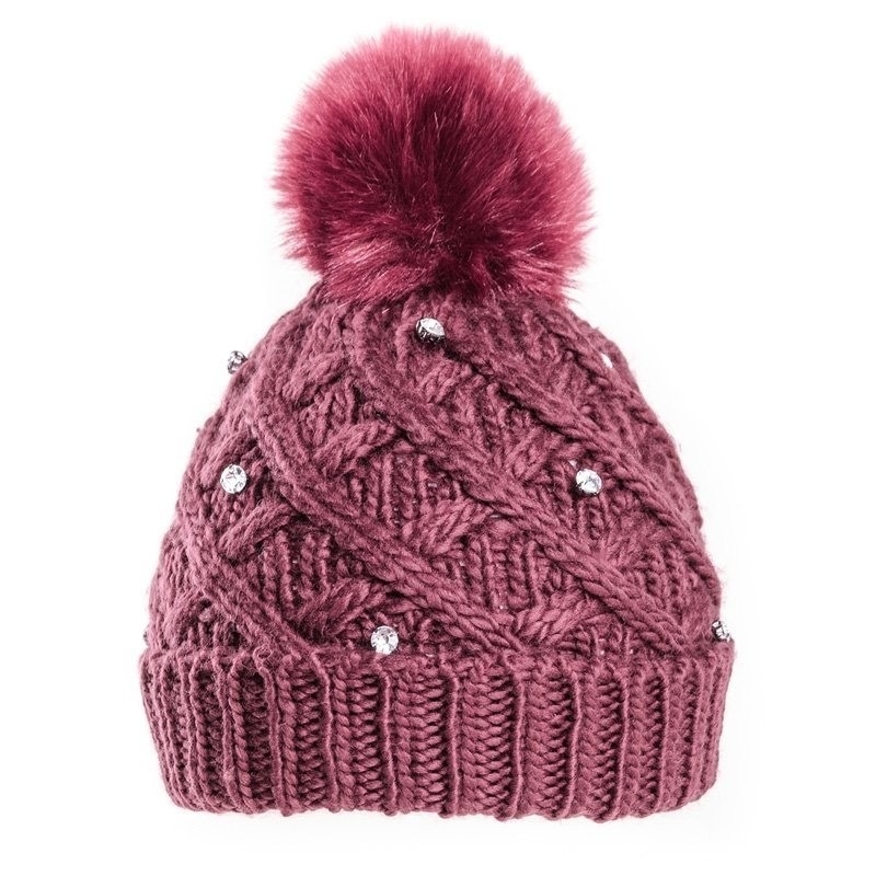 Gebreide winter muts bordeaux rood met diamanten voor dames -