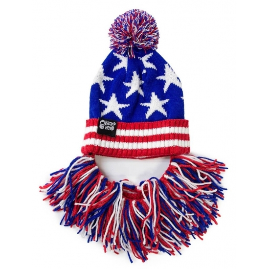 Gebreide USA muts met rood/wit/blauwe baard -