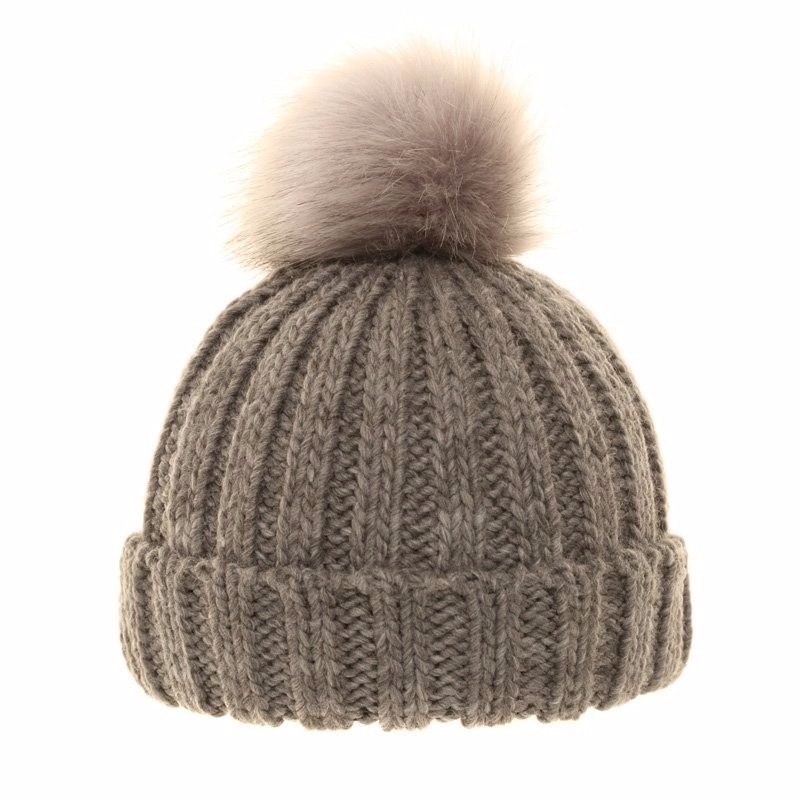 Grijze gebreide muts met pompon voor dames -