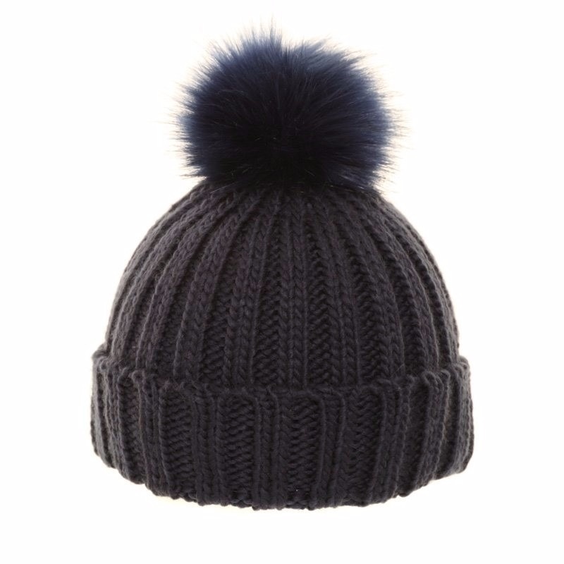 Navy blauwe gebreide muts met pompon voor dames -