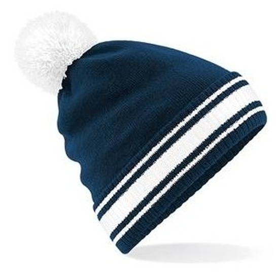 Navy/witte beanie muts met pompon voor dames -