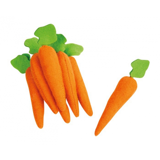 7x stuks speelgoed decoratie wortels van vilt - 10 cm - groenten - oranje - knutselen -