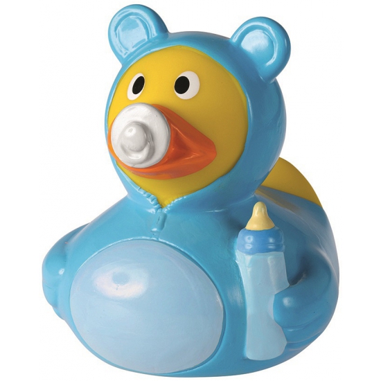 Badeendje hoera een baby jongen - 8 cm - blauw - Geboorte deco artikelen -