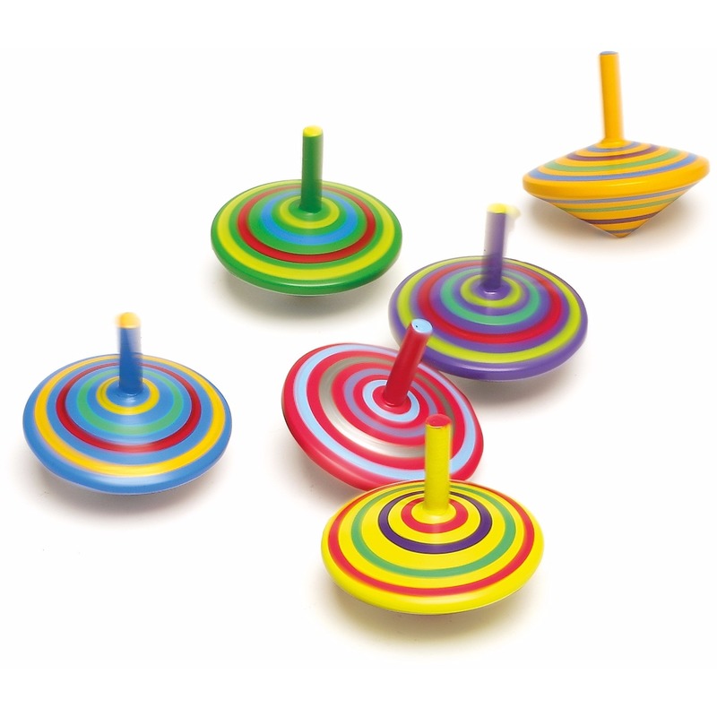 Houten speelgoed tollen - gekleurd mix - 6x stuks - dia 6 cm -