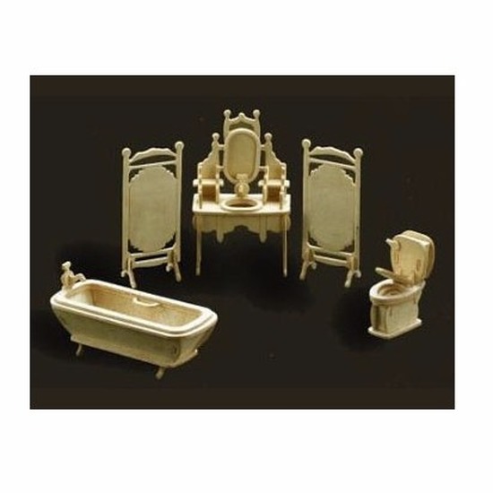 Poppenhuis badkamer meubeltjes set - hout - 5-delig - DIY bouwset -