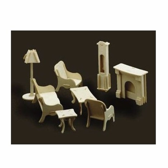 Poppenhuis meubels huiskamer - hout - bouwpakket - 8x stuks inhoud -