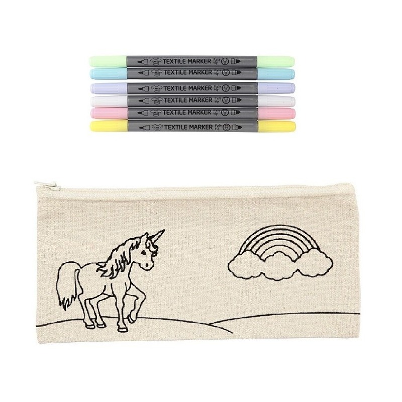 Kleurset etui eenhoorn met textielstiften -