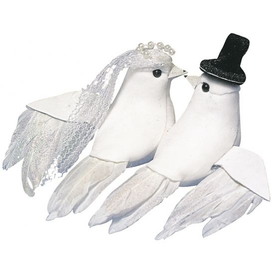 Witte duiven decoratie bruidspaar 8 cm - Bruiloft feestartikelen tafel versieringen -